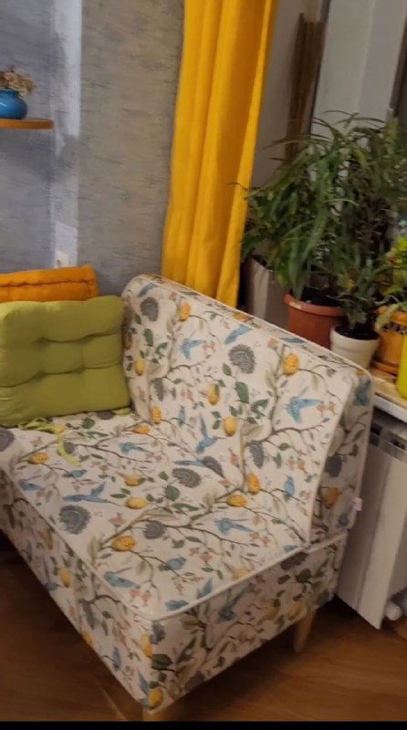 Уютный кресельный уголок у окна с растениями и занавесками, мягкая мебель с цветочным принтом и дневным светом.