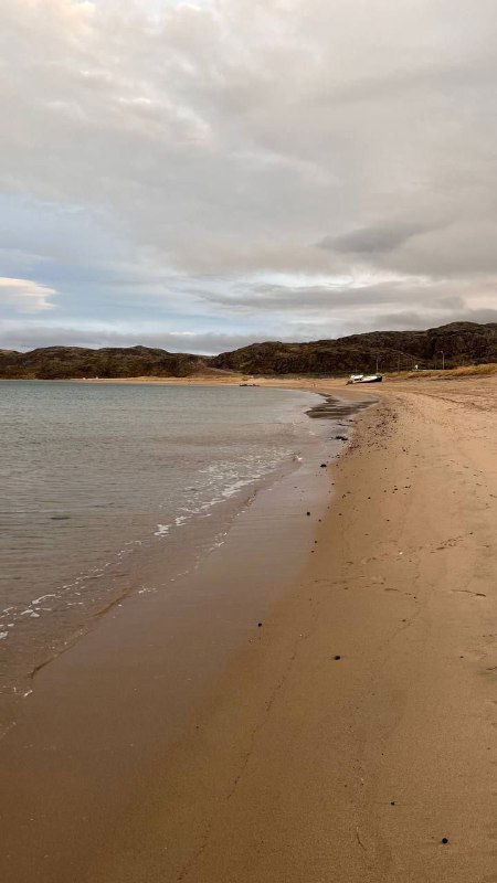 Пустой песчаный берег Териберки, гладкая полоска прибоя и удалённые холмы под бледным небом — спокойный кадр береговой линии.