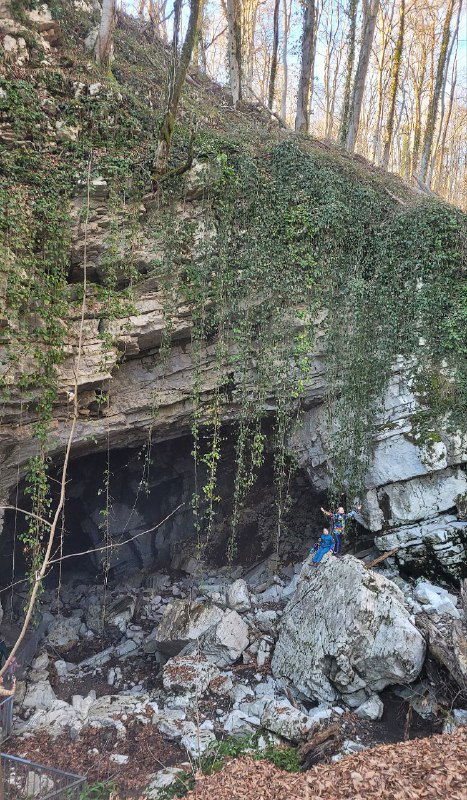 Вход в пещеру с лесным склоном: видны карстовые образования, растения и каменные обломки у входа пещеры.