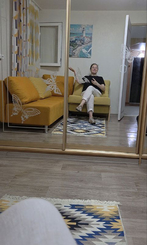 Отражение комнаты в раздвижных зеркальных дверях шкафа: видно диван, ковер и силуэт человека в отражении, создающий домашнюю атмосферу.