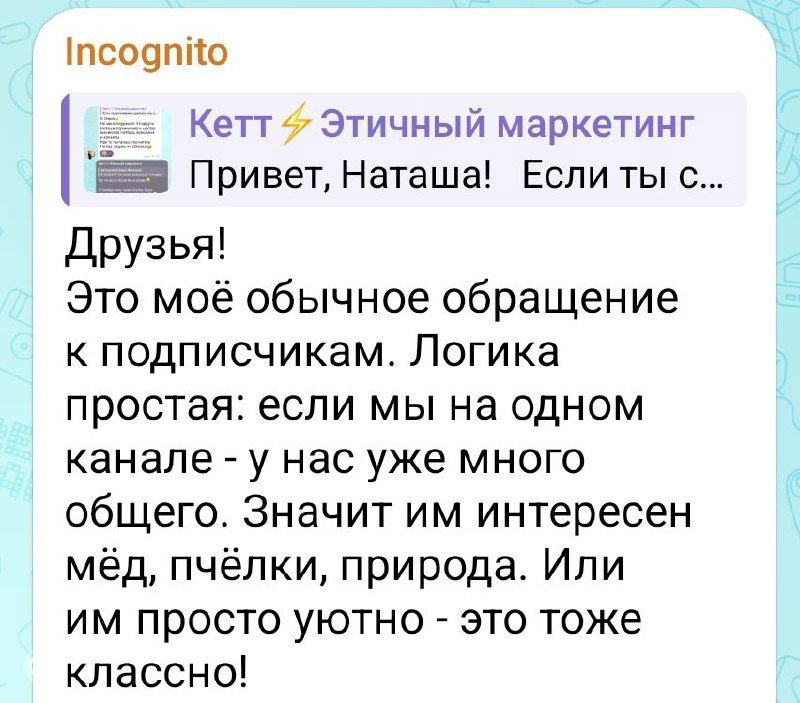 Скриншот второго изображения: пример поста, начинающегося со слова «Друзья!», и обсуждение форм обращений подписчиков в Telegram-чате.