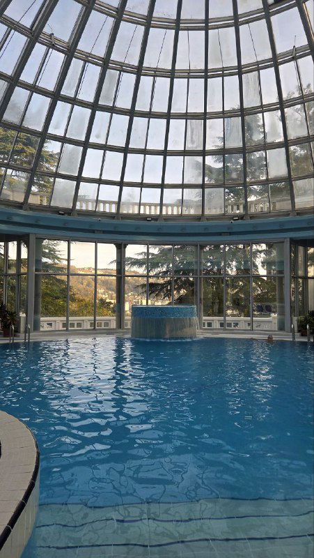 Вид из другой точки на купол бассейна, большая круглая оконная конструкция, внутри зелёные растения, вода и пустые шезлонги.