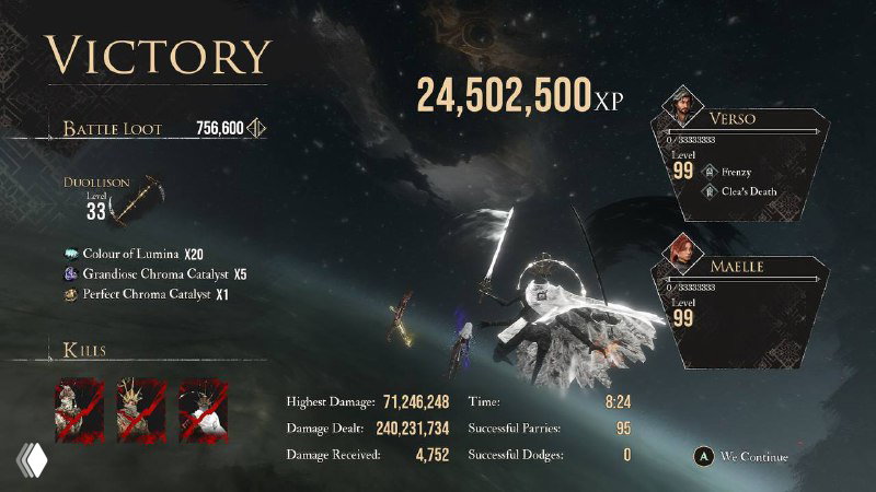 Скриншот игрового экрана с надписью «Victory», показателями опыта и статистикой персонажа; интерфейс боя и численные значения наград.