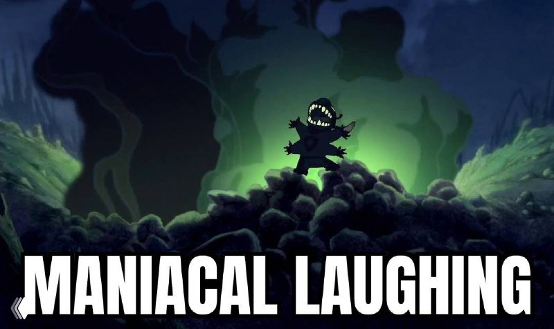 Мем с силуэтом персонажа на фоне зелёного тумана и крупной подписью «MANIACAL LAUGHING», передающей маниакальный хихик.