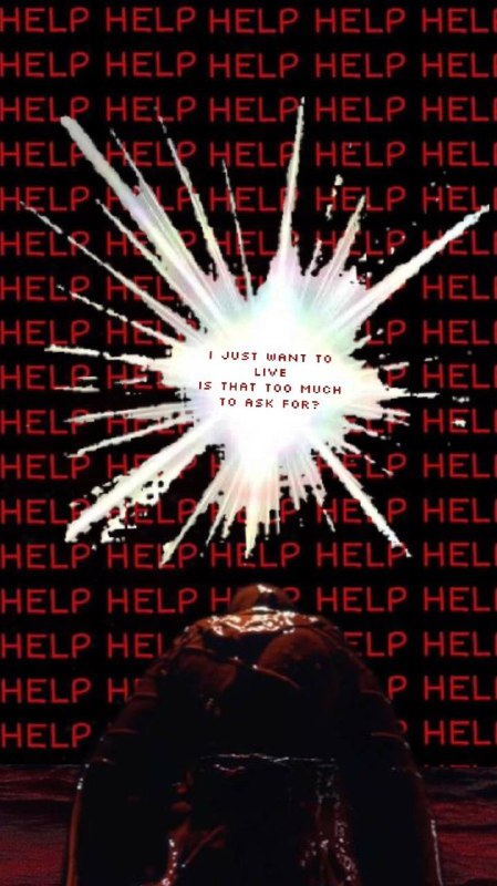 Коллаж с повторяющимся текстом HELP и яркой вспышкой над головой персонажа; передаёт паническое требование помощи и внутреннюю панику.
