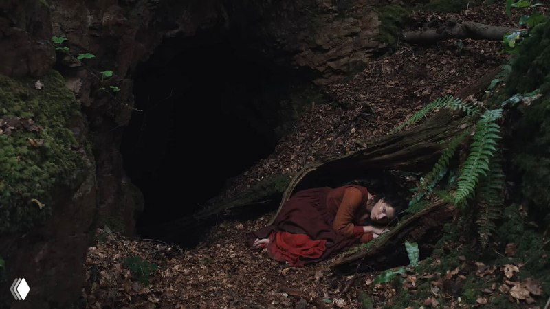 Кадр с героиней, укрытой в лесной норе: образ одиночества и уязвимости в естественной среде, подчёркивающий тему изоляции в фильме.