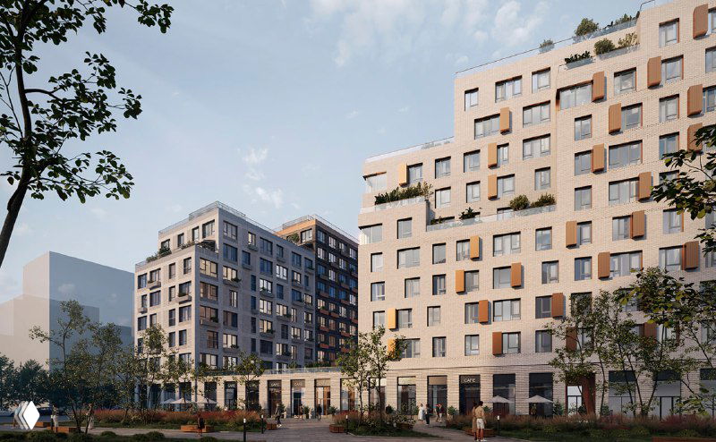 Визуализация фасадов и общественного пространства квартала «МЫС»: пешеходные зоны, озеленение и единый архитектурный стиль.