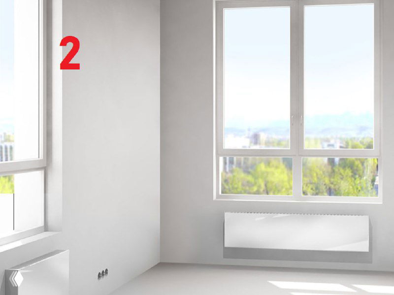 Светлая серая комната с маркировкой «2», большим окном и радиатором — иллюстрация предчистовой отделки без финишных покрытий.