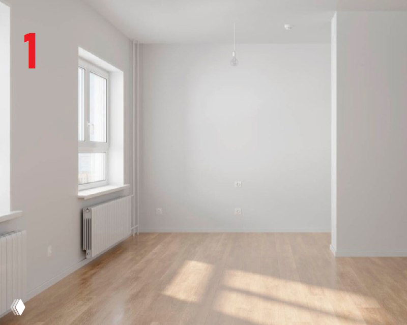 Номер 1: готовая комната с ламинатом, окрашенными стенами и радиатором у окна — пример чистовой отделки для быстрого заселения