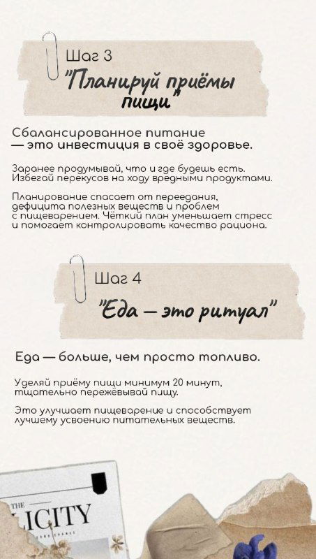 Инфографика шаг 3: планирование приёмов пищи с текстом о сбалансированном питании как инвестиции в здоровье, пастельный фон и блоки текста.