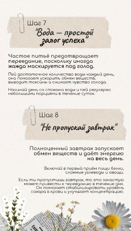 Инфографика шаг 5–6: полезные жиры, роль воды и значение регулярного полноценного завтрака с простыми пояснениями и мягкими иллюстрациями.