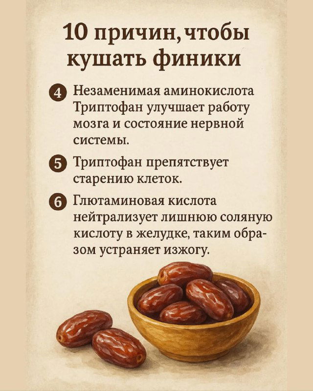 Иллюстрация: крупный план фиников в миске и текст списка причин — упоминаются триптофан, глютаминовая кислота и польза для ЖКТ и нервной системы.