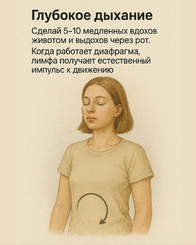Иллюстрация: женщина выполняет глубокое дыхание животом, медленные вдохи и выдохи через рот для стимуляции диафрагмы и лимфотока.