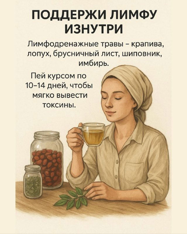 Иллюстрация: банка с травами и женщина с чашкой — рекомендации поддержать лимфу изнутри травяными настоями (крапива, лопух, шиповник, имбирь).