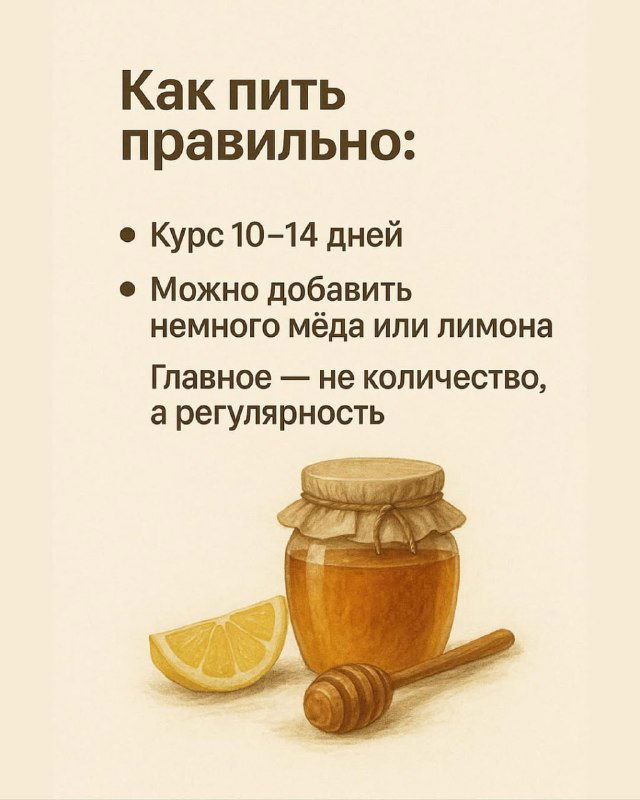 Инфографика приёма: рекомендации — курс 10–14 дней, можно добавить немного мёда или лимона; изображён мед в банке и долька лимона.