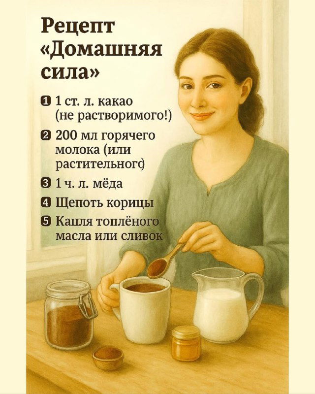 Карточка рецепта «Домашняя сила»: рядом чашка, баночка с мёдом, кувшин с молоком и перечень ингредиентов — какао, молоко, мёд, корица, масло.