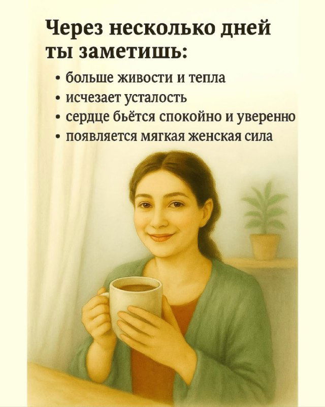 Карточка с обещанными эффектами через несколько дней: больше живости, исчезновение усталости и появление мягкой женской силы; женщина с чашкой на фоне.