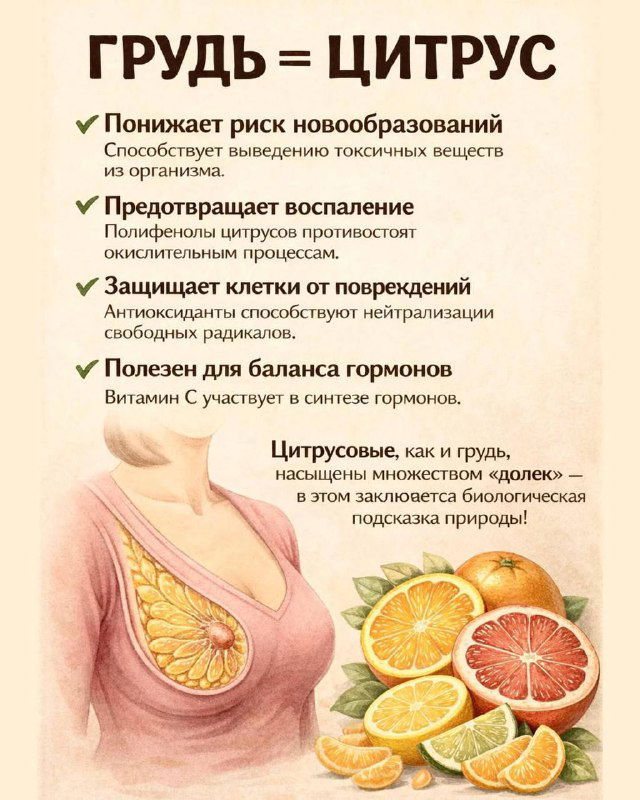 Инфографика с цитрусами и схемой груди, поясняющая пользу для гормонального баланса и защиты тканей, рисунки фруктов и подписи о витаминах.