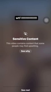 Скриншот экрана приложения с предупреждением «Sensitive Content», чёрный стикер 'wtf' и кнопка 'See why' — пример защиты от шокирующего контента.