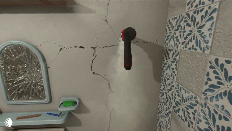 Скриншот трещин и повреждений на стене в игре Low-Budget Repairs: детализированные текстуры, рукоять инструмента в кадре фокусируется на ремонте.