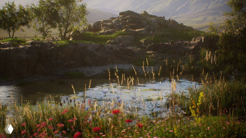 Небольшое озеро с камнями и цветущими луговыми растениями на переднем плане — игровая сцена с естественной атмосферой и деталями природы.