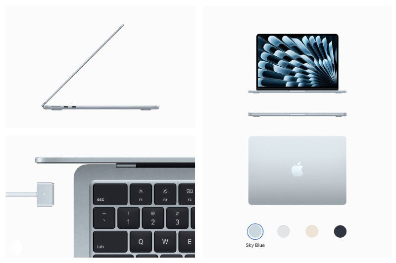 Коллаж официальных изображений MacBook Air: боковой профиль, вид сверху, крышка с логотипом и доступные варианты цвета, включая небесно-голубой.