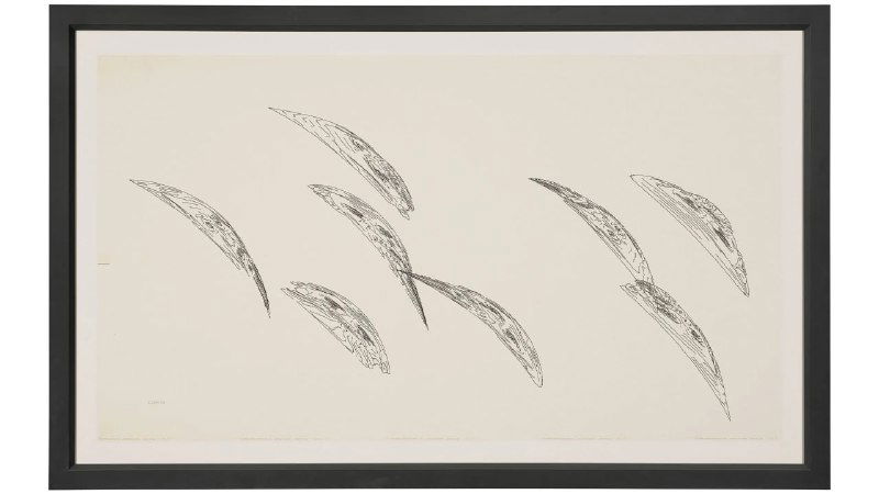 Минималистский графический рисунок с серией перьев или мазков, выполненный в тонкой линии и оформленный в рамку, как часть коллекции ИИ‑работ.