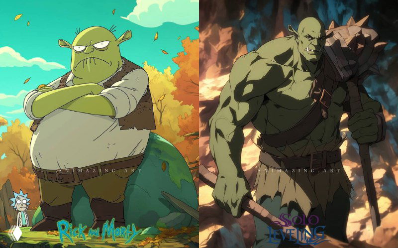 Шрек, переработанный в стиле «Рика и Морти»: резкие контуры, кислотные цвета и абсурдный, хаотичный фон в мультяшной манере.