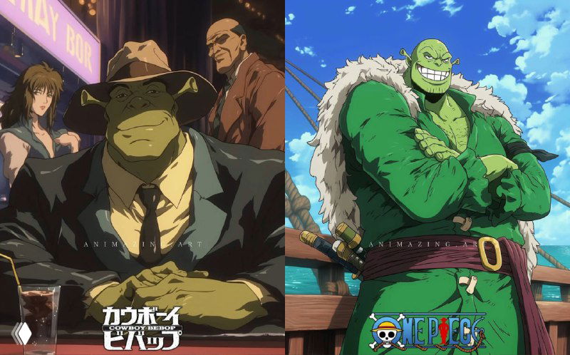 Два варианта Шрека в японской манере: слева — нуарный образ в духе Cowboy Bebop, справа — героическая форма в стиле One Piece.