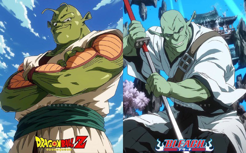 Шрек, интерпретированный в боевом стиле аниме типа Dragon Ball: массивный, суровый персонаж на динамичном фоне с энергетическими эффектами.