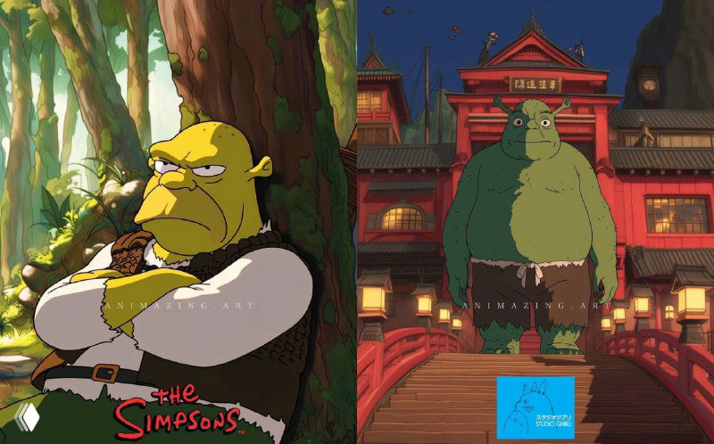 Контрастные образы Шрека: карикатурный вариант в стиле «Симпсонов» и мягкая, тёплая версия в духе Хаяо Миядзаки с пейзажем на заднем плане.