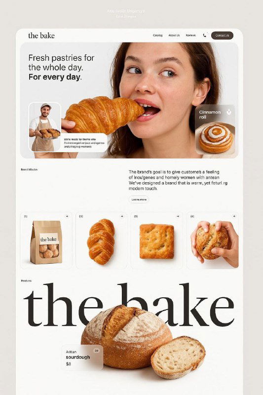 Полноразмерный макет лендинга для пекарни: сетка карточек с булочками, крупные изображения продуктов и минималистичный фирменный стиль.