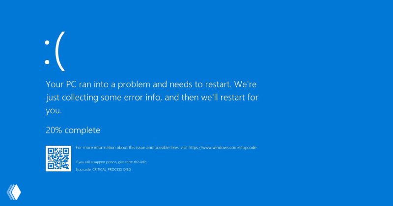 Классический синий BSOD Windows с грустным смайликом, QR-кодом и процентом прогресса перезагрузки на экране — пример прежнего оформления ошибки.