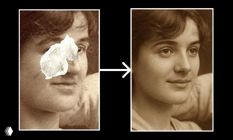 Коллаж «до/после»: портрет женщины с заметным механическим повреждением слева и аккуратно восстановленная версия с естественной тональностью справа.