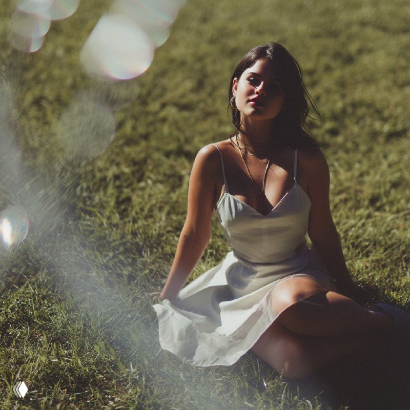 Портрет женщины, сидящей на траве в платье при мягком естественном свете и красивом боке, пример портретной фотореалистики и композиции.