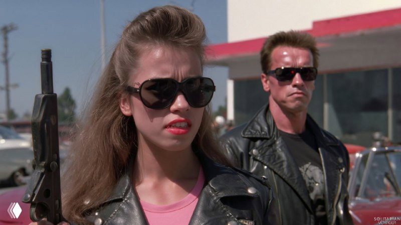 Кинематографический кадр с персонажами в кожаной одежде и солнцезащитных очках, стилизованная сценическая композиция как пример сложных сцен.