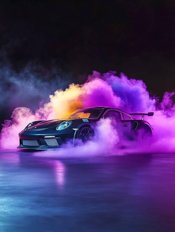 Спортивный автомобиль в неоновом дыму с насыщенными цветами и отражениями, пример стилизованной фотореалистичной генерации с эффектами света.