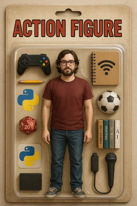 Упаковка action‑figure с набором предметов: джойстик, мячи и иконки технологий, отражающие интересы и цифровые хобби человека.
