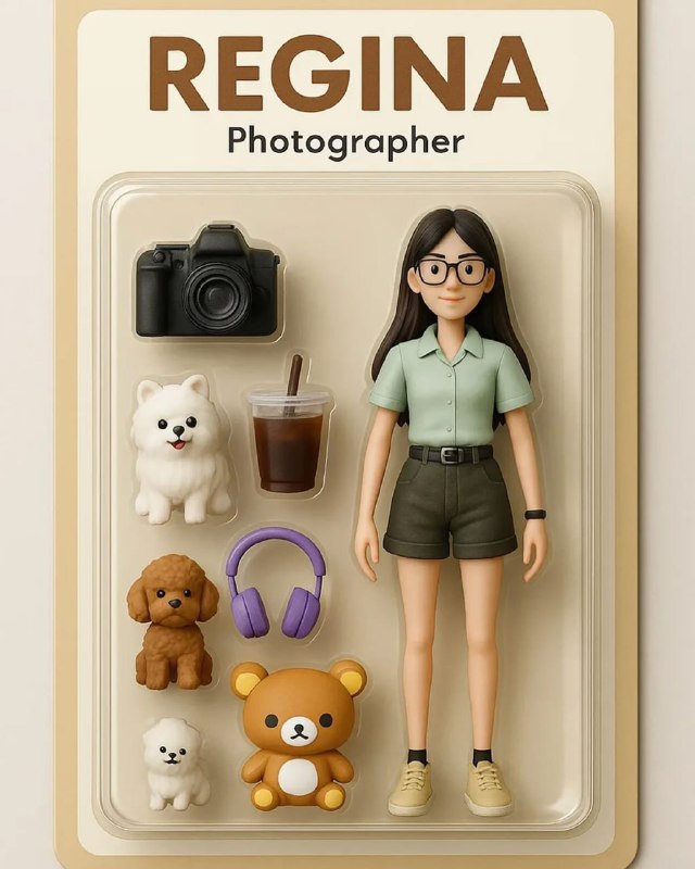 Блистеры с фигуркой 'Regina' и наборами питомцев и камер — иллюстрация, как аксессуары визуализируют индивидуальность персонажа.