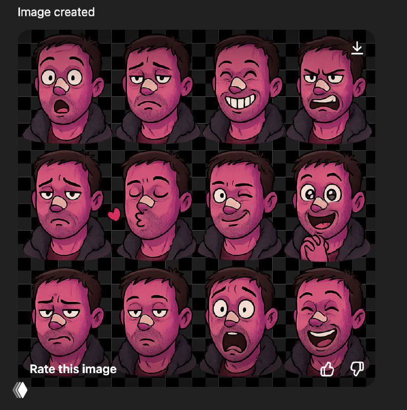 Сетка из двенадцати мультяшных портретов с разными выражениями эмоций на однотонном фоне — пример стикеров, сгенерированных по подсказке.