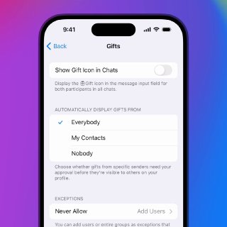 Экран настроек «Подарки» в Telegram на смартфоне: опции отображения значка Gift, выбор видимости подарков и список исключений пользователей.