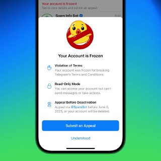 Окно «Your Account is Frozen» в Telegram с пояснением причин и кнопкой подачи апелляции — пример интерфейса для обжалования заморозки аккаунта.