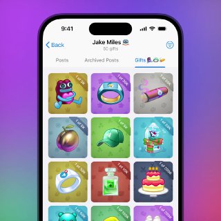 Скриншот Telegram: сетка подарков в маркетплейсе — миниатюры иконок подарков в несколько столбцов на цветном фоне интерфейса.