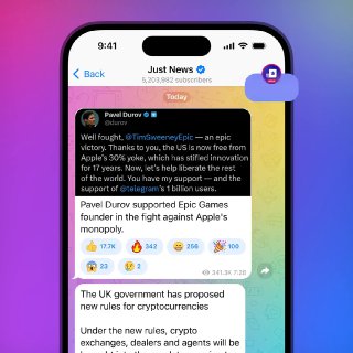 Скриншот сообщения в Telegram: публикация с цитатой Павла Дурова, реакциями и превью сообщений в канале на фоне градиента.
