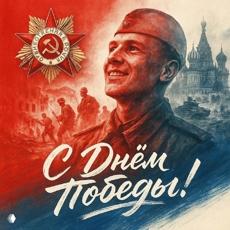 Улыбающийся молодой солдат в пилотке, красно-золотая палитра, орден на груди и сцены празднования Победы на дальнем плане.