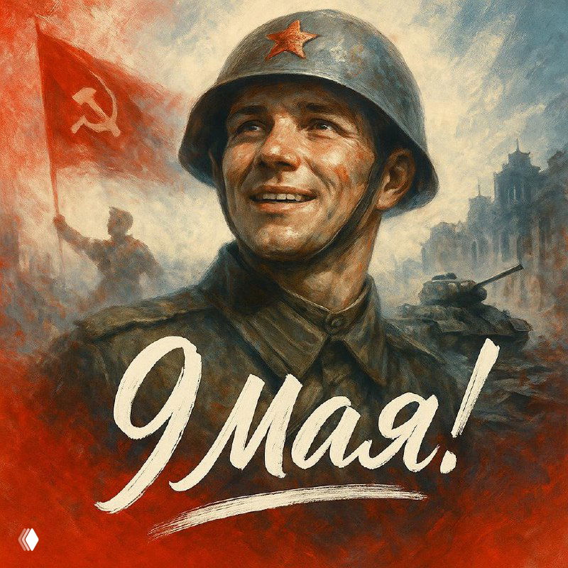 Солдат в каске с крупной надписью «9 мая!», красные и золотые акценты, силуэт собора и праздничные мотивы на заднем плане.
