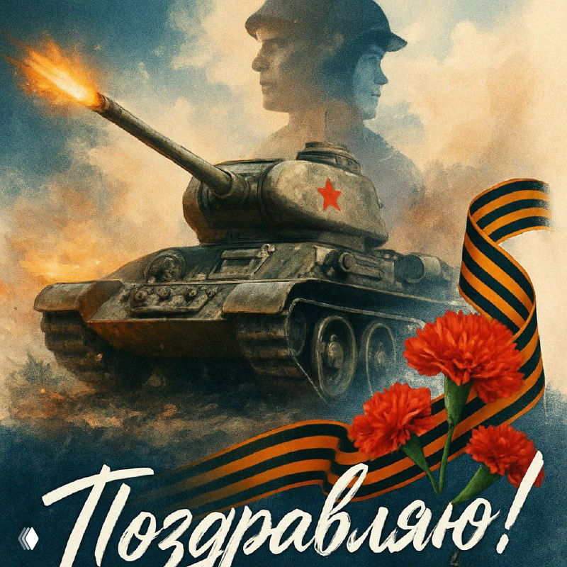 Динамичная сценка с танком Второй мировой, георгиевской лентой и красными гвоздиками на переднем плане, торжественный дымчатый фон.