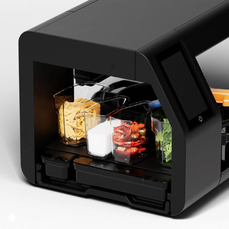 Внутренний вид Posha с прозрачными отсеками: видны баночки с овощами, специями и крупами, виден механизм подачи ингредиентов и смешивания.