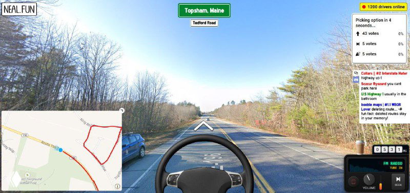 Скриншот дороги в Neal Fun с отображением пройденного маршрута на мини-карте и панелью голосования справа от экрана.