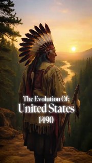 AI-арт: человек в головном уборе из перьев на фоне заката и реки; надпись 'The Evolution Of United States 1490' подчёркивает историческую тему.